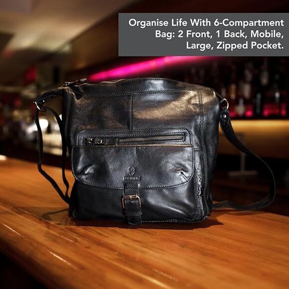 Genuine Leather Ladies Handbag Vintage Design Long Straps Shoulder Bag Black - Picture 4 of 7